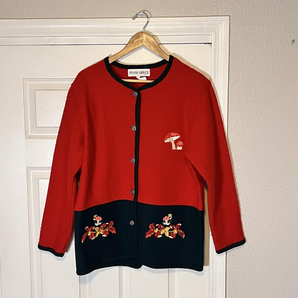 Merry Mushroom Cardigan Sweater Vintage Amanita Womens Large Cottagecore 70s
